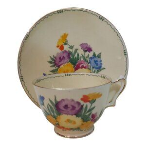 Vintage Crown Staffordshire Teacup and Saucer Set-1930s Floral Pattern Gold Trim